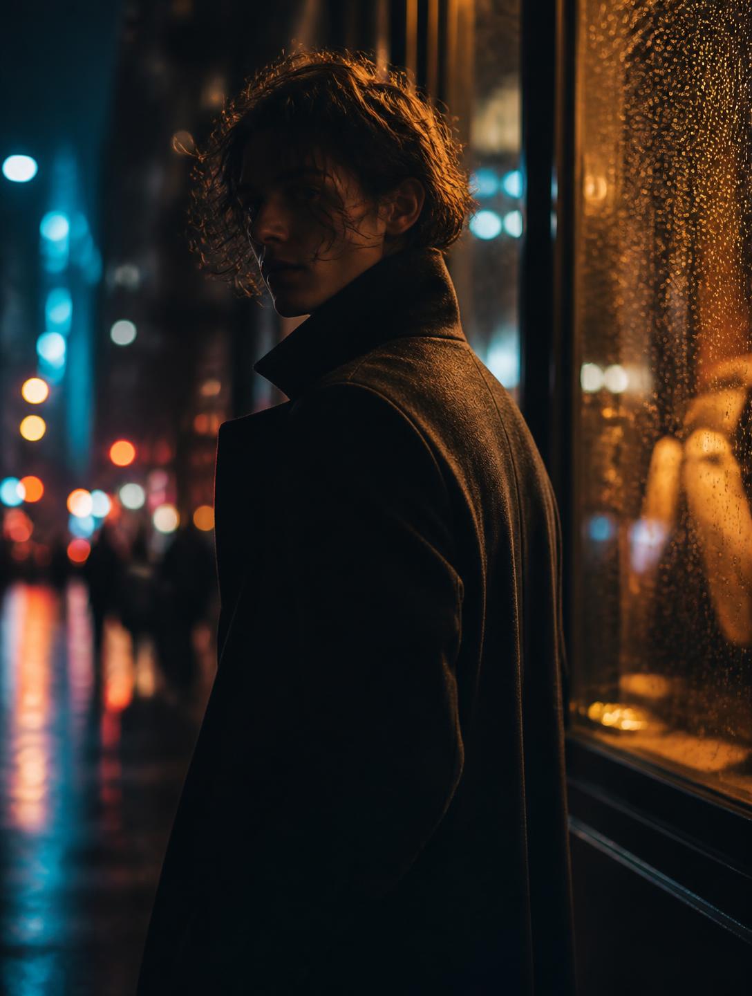 A person at night in the city, lit by passing traffic