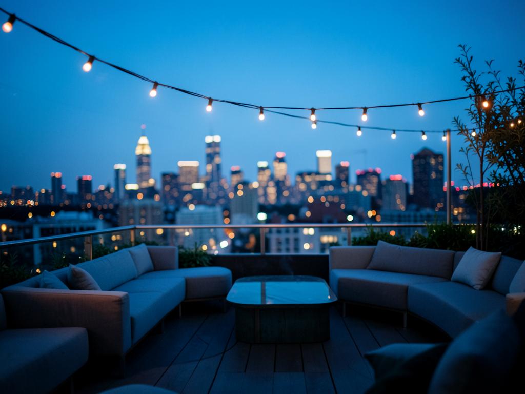 A rooftop at dusk with the city behind it